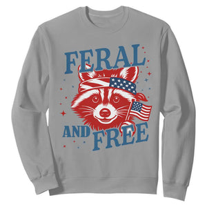 Funny Feral and Free Raccoon Sweatshirt Patriotic Bandana Animal 4th of July US Flag TS02 Sport Gray Print Your Wear