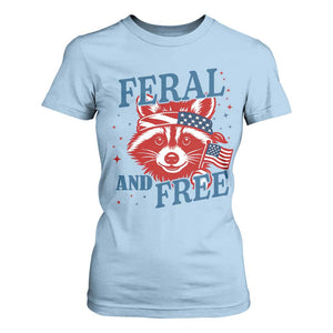 Funny Feral and Free Raccoon T Shirt For Women Patriotic Bandana Animal 4th of July US Flag TS02 Light Blue Print Your Wear