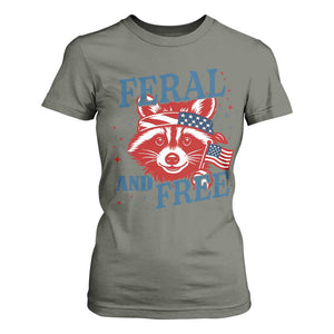 Funny Feral and Free Raccoon T Shirt For Women Patriotic Bandana Animal 4th of July US Flag TS02 Military Green Print Your Wear