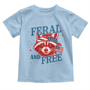 Funny Feral and Free Raccoon Toddler T Shirt Patriotic Bandana Animal 4th of July US Flag TS02 Light Blue Print Your Wear