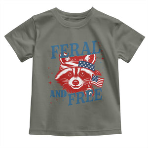 Funny Feral and Free Raccoon Toddler T Shirt Patriotic Bandana Animal 4th of July US Flag TS02 Military Green Print Your Wear