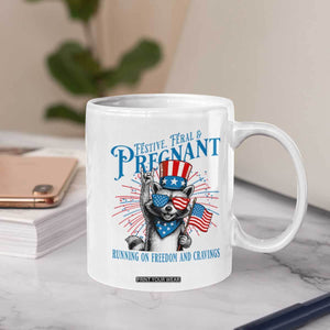 Funny Festive Feral and Pregnant Coffee Mug Running On Freedom And Cravings 4th of July Maternity Raccoon TS11 Print Your Wear