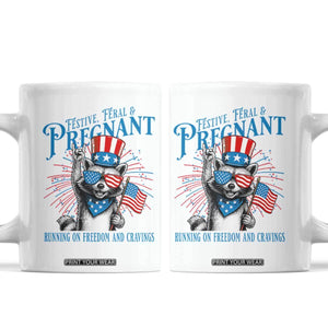 Funny Festive Feral and Pregnant Coffee Mug Running On Freedom And Cravings 4th of July Maternity Raccoon TS11 White Print Your Wear