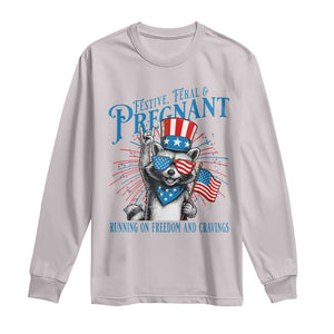 Funny Festive Feral and Pregnant Long Sleeve Shirt Running On Freedom And Cravings 4th of July Maternity Raccoon TS11 Ice Gray Print Your Wear