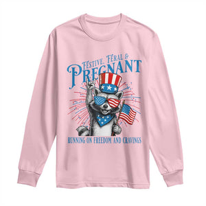Funny Festive Feral and Pregnant Long Sleeve Shirt Running On Freedom And Cravings 4th of July Maternity Raccoon TS11 Light Pink Print Your Wear