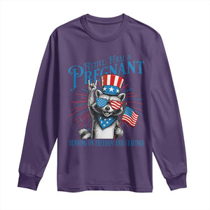 Funny Festive Feral and Pregnant Long Sleeve Shirt Running On Freedom And Cravings 4th of July Maternity Raccoon TS11 Purple Print Your Wear