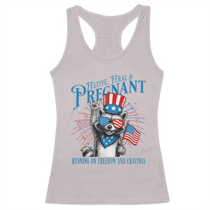 Funny Festive Feral and Pregnant Racerback Tank Top Running On Freedom And Cravings 4th of July Maternity Raccoon TS11 Ice Gray Print Your Wear