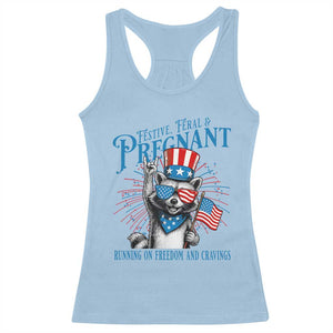 Funny Festive Feral and Pregnant Racerback Tank Top Running On Freedom And Cravings 4th of July Maternity Raccoon TS11 Light Blue Print Your Wear