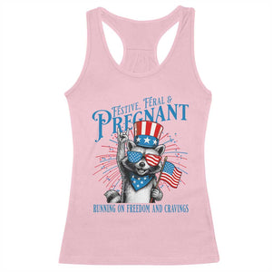 Funny Festive Feral and Pregnant Racerback Tank Top Running On Freedom And Cravings 4th of July Maternity Raccoon TS11 Light Pink Print Your Wear