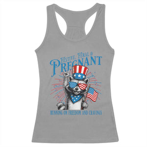 Funny Festive Feral and Pregnant Racerback Tank Top Running On Freedom And Cravings 4th of July Maternity Raccoon TS11 Sport Gray Print Your Wear