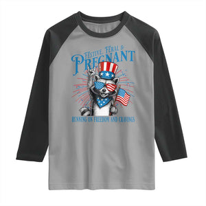 Funny Festive Feral and Pregnant Raglan Shirt Running On Freedom And Cravings 4th of July Maternity Raccoon TS11 Sport Gray Black Print Your Wear