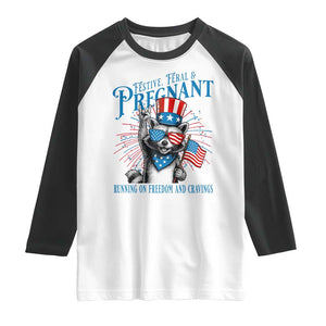 Funny Festive Feral and Pregnant Raglan Shirt Running On Freedom And Cravings 4th of July Maternity Raccoon TS11 White Black Print Your Wear