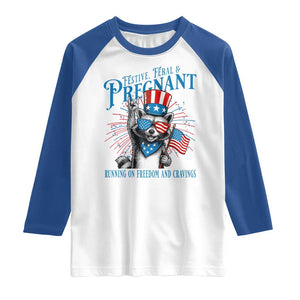 Funny Festive Feral and Pregnant Raglan Shirt Running On Freedom And Cravings 4th of July Maternity Raccoon TS11 White Royal Print Your Wear