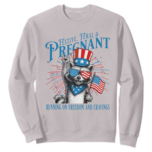 Funny Festive Feral and Pregnant Sweatshirt Running On Freedom And Cravings 4th of July Maternity Raccoon TS11 Ice Gray Print Your Wear