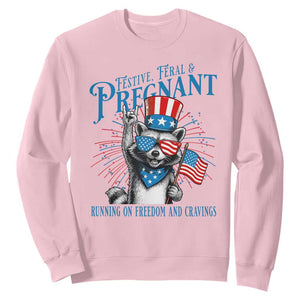 Funny Festive Feral and Pregnant Sweatshirt Running On Freedom And Cravings 4th of July Maternity Raccoon TS11 Light Pink Print Your Wear