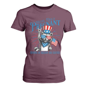 Funny Festive Feral and Pregnant T Shirt For Women Running On Freedom And Cravings 4th of July Maternity Raccoon TS11 Maroon Print Your Wear