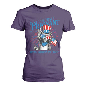 Funny Festive Feral and Pregnant T Shirt For Women Running On Freedom And Cravings 4th of July Maternity Raccoon TS11 Purple Print Your Wear