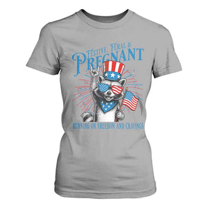 Funny Festive Feral and Pregnant T Shirt For Women Running On Freedom And Cravings 4th of July Maternity Raccoon TS11 Sport Gray Print Your Wear