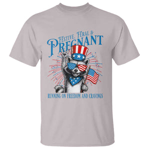 Funny Festive Feral and Pregnant T Shirt Running On Freedom And Cravings 4th of July Maternity Raccoon TS11 Ice Gray Print Your Wear