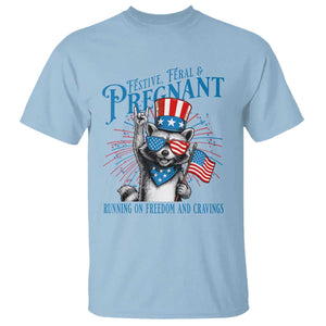 Funny Festive Feral and Pregnant T Shirt Running On Freedom And Cravings 4th of July Maternity Raccoon TS11 Light Blue Print Your Wear