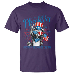 Funny Festive Feral and Pregnant T Shirt Running On Freedom And Cravings 4th of July Maternity Raccoon TS11 Purple Print Your Wear