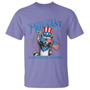 Funny Festive Feral and Pregnant T Shirt Running On Freedom And Cravings 4th of July Maternity Raccoon TS11 Violet Print Your Wear