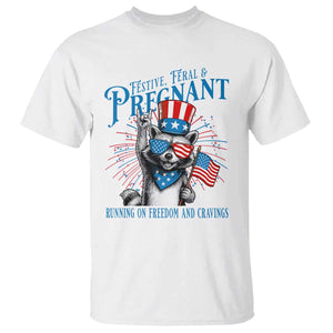 Funny Festive Feral and Pregnant T Shirt Running On Freedom And Cravings 4th of July Maternity Raccoon TS11 White Print Your Wear