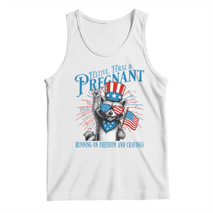 Funny Festive Feral and Pregnant Tank Top Running On Freedom And Cravings 4th of July Maternity Raccoon TS11 White Print Your Wear