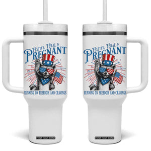 Funny Festive Feral and Pregnant Tumbler With Handle Running On Freedom And Cravings 4th of July Maternity Raccoon TS11 One Size: 40 oz White Print Your Wear