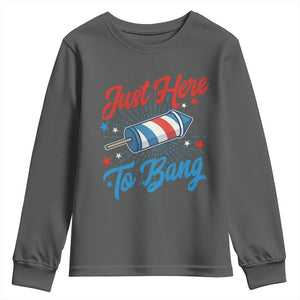 Funny Fireworks Just Here To Bang Youth Sweatshirt American Flag Firecracker Rocket TS11 Dark Heather Print Your Wear