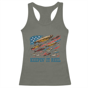 Funny Fisherman Keepin It Reel Racerback Tank Top Fishing Lure American Flag Bass Fishing TS11 Military Green Print Your Wear