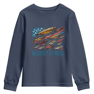 Funny Fisherman Keepin It Reel Youth Sweatshirt Fishing Lure American Flag Bass Fishing TS11 Navy Print Your Wear