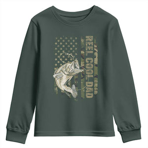Funny Fishing Vintage Reel Cool Dad Youth Sweatshirt Camo American Flag USA Bass Fish Fisherman TS10 Dark Forest Green Print Your Wear
