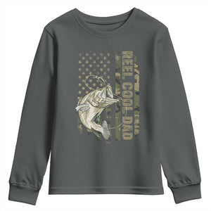Funny Fishing Vintage Reel Cool Dad Youth Sweatshirt Camo American Flag USA Bass Fish Fisherman TS10 Dark Heather Print Your Wear