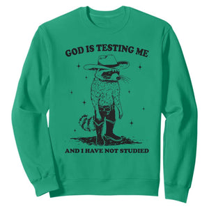 Funny God Is Testing Me And I Have Not Studied Sweatshirt Cowboy Racoon TS11 Irish Green Print Your Wear