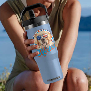 Funny Golden Retriever Merica Flip Straw Tumbler 4th of July Dog Mom Dad Patriotic USA Retro 90s TS10 One Size: 30 oz Light Blue Print Your Wear