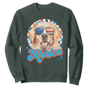 Funny Golden Retriever Merica Sweatshirt 4th of July Dog Mom Dad Patriotic USA Retro 90s TS10 Dark Forest Green Print Your Wear