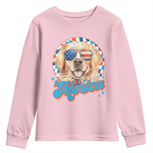 Funny Golden Retriever Merica Youth Sweatshirt 4th of July Dog Mom Dad Patriotic USA Retro 90s TS10 Light Pink Print Your Wear