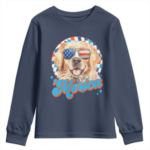 Funny Golden Retriever Merica Youth Sweatshirt 4th of July Dog Mom Dad Patriotic USA Retro 90s TS10 Navy Print Your Wear