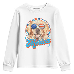 Funny Golden Retriever Merica Youth Sweatshirt 4th of July Dog Mom Dad Patriotic USA Retro 90s TS10 White Print Your Wear
