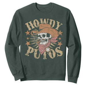 Funny Howdy Putos Sweatshirt Western Country Smoking Skull Cowboy TS11 Dark Forest Green Print Your Wear