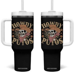 Funny Howdy Putos Tumbler With Handle Western Country Smoking Skull Cowboy TS11 One Size: 40 oz Black Print Your Wear