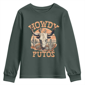 Funny Howdy Putos Youth Sweatshirt Bull Skull Country Cowboy Western TS11 Dark Forest Green Print Your Wear
