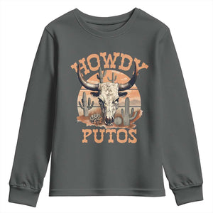 Funny Howdy Putos Youth Sweatshirt Bull Skull Country Cowboy Western TS11 Dark Heather Print Your Wear