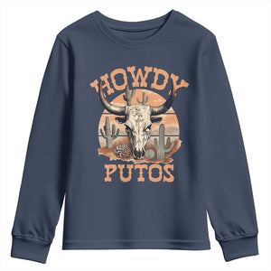 Funny Howdy Putos Youth Sweatshirt Bull Skull Country Cowboy Western TS11 Navy Print Your Wear