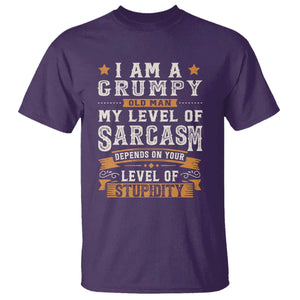 Funny Grumpy Old Man T Shirt - My Level Of Sarcasm Depends On Your Level Of Stupidity Vintage Star Tee TS11 Purple Print Your Wear