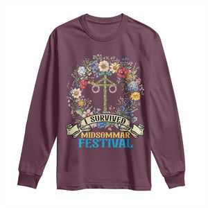 Funny I Survived Midsommar Festival Long Sleeve Shirt Sweden Summer Festival Maypole TS11 Maroon Print Your Wear