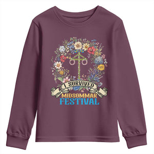 Funny I Survived Midsommar Festival Youth Sweatshirt Sweden Summer Festival Maypole TS11 Maroon Print Your Wear