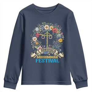Funny I Survived Midsommar Festival Youth Sweatshirt Sweden Summer Festival Maypole TS11 Navy Print Your Wear