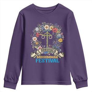 Funny I Survived Midsommar Festival Youth Sweatshirt Sweden Summer Festival Maypole TS11 Purple Print Your Wear